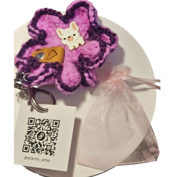 Handmade Crochet Floral Key chain Purple Dog Enamel Pin White Frenchie Puppy Pin - Picture 11 of 17